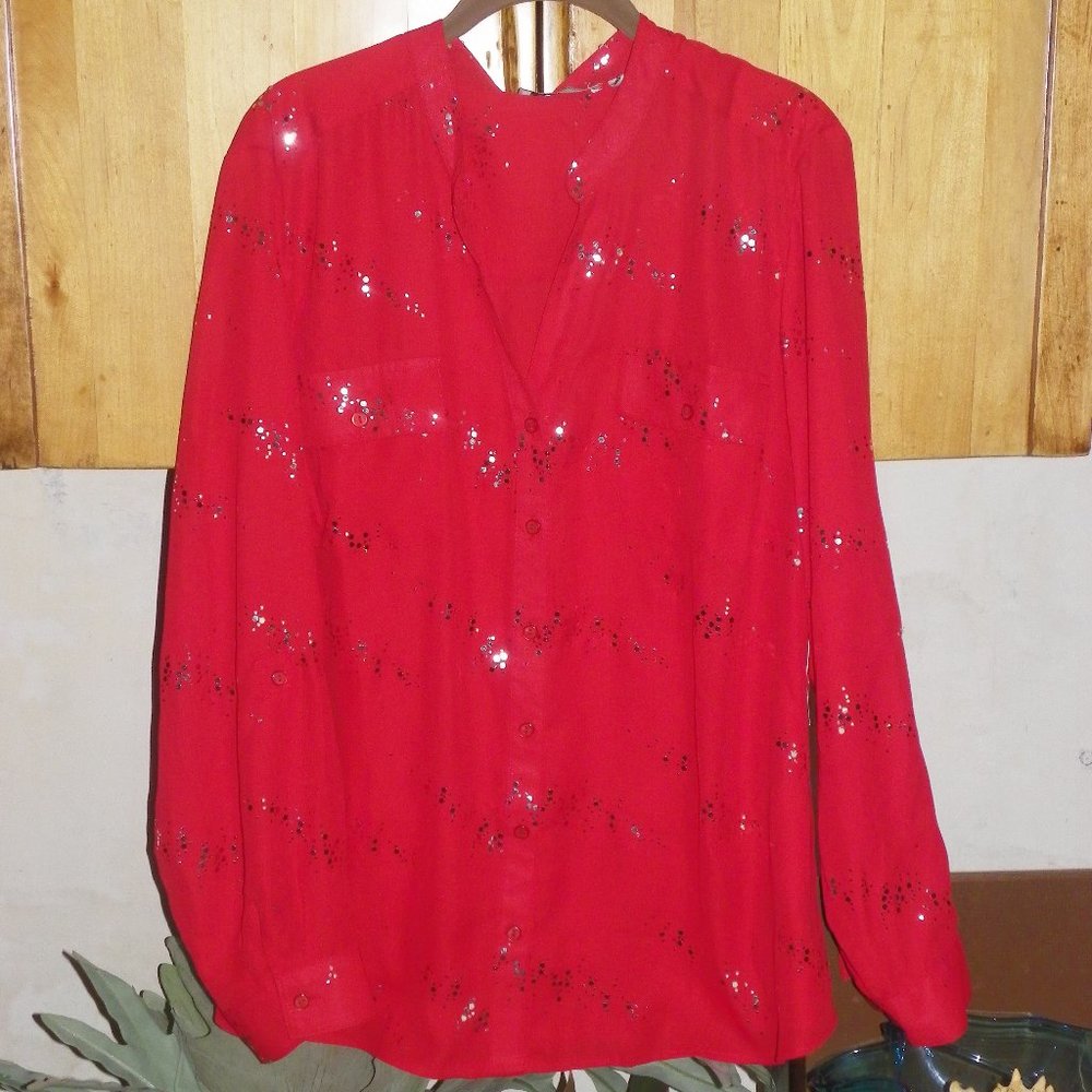 NOTATIONS Sheer Red Silver Sequin Holiday Blouse